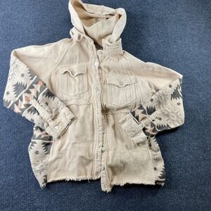 BKE Jacket Womens Small Beige Hooded Southwestern Snap Front Fringe Twill Casual